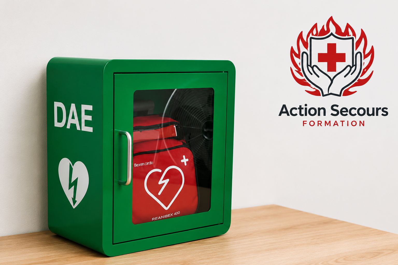 Défibrillateur automatisé externe avec le logo Action Secours Formation