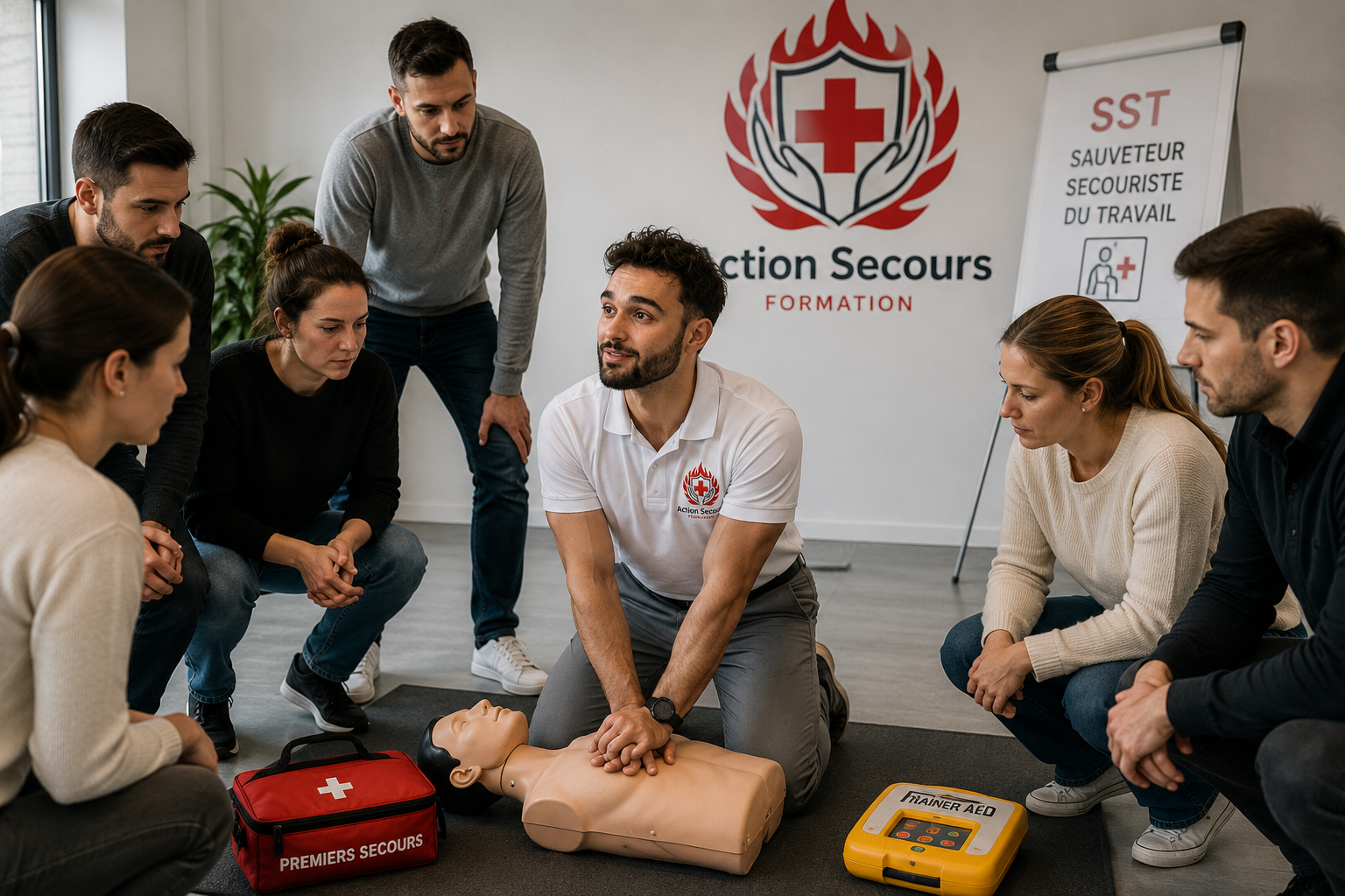 Alexis Gallois animant une formation SST à Paris devant plusieurs stagiaires
